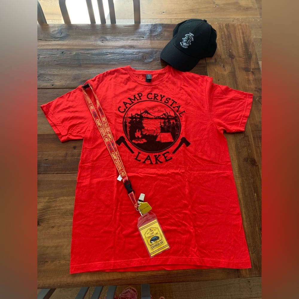 ⚡️ Friday the 13th Camp Crystal Lake Tee, Hat, and badge with whistle